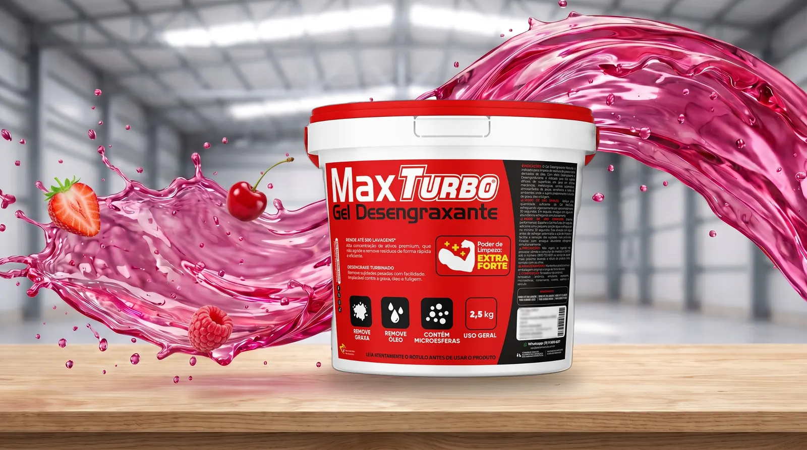 Balde de gel desengraxante MaxTurbo Extra Forte com onda de gel rosa em movimento