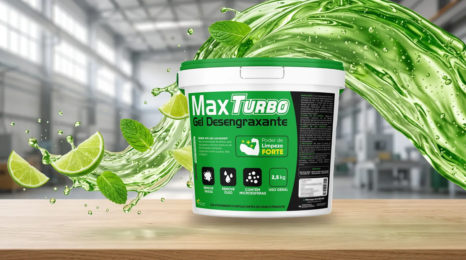 Balde de gel desengraxante MaxTurbo Forte com onda de gel verde em movimento