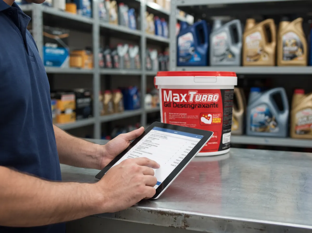 Vendedor da distribuidora lançando pedido no tablet com balde de pasta desengraxante MaxTurbo Extra Forte no balcão