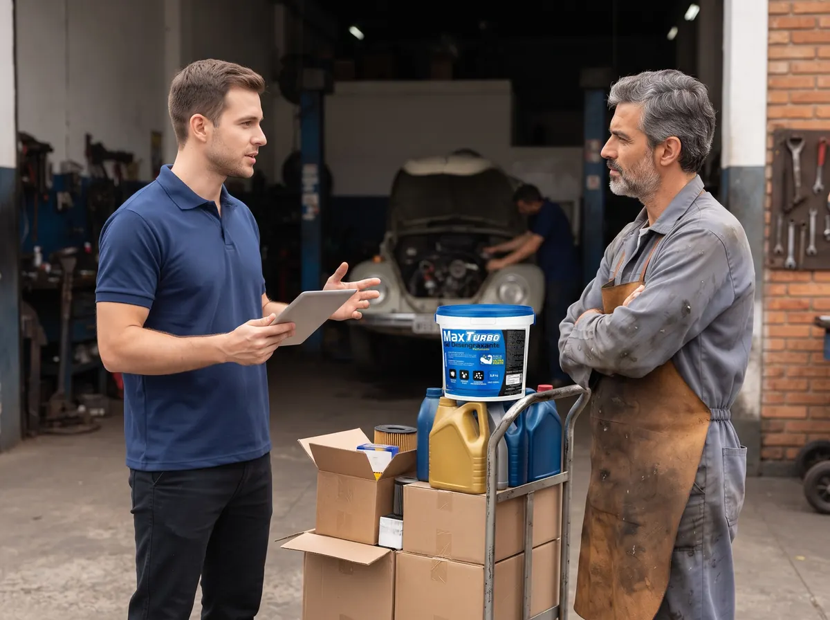 Vendedor externo de distribuidora oferecendo pasta desengraxante MaxTurbo ao dono da oficina mecânica