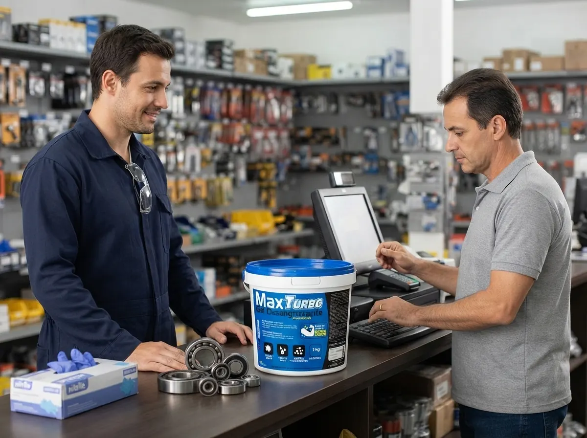 Técnico de manutenção comprando rolamentos e pasta desengraxante no balcão da loja de ferramentas
