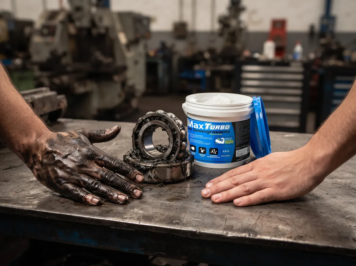 Mão suja de graxa ao lado de mão limpa, rolamento engraxado e balde de gel desengraxante MaxTurbo Ultra Forte