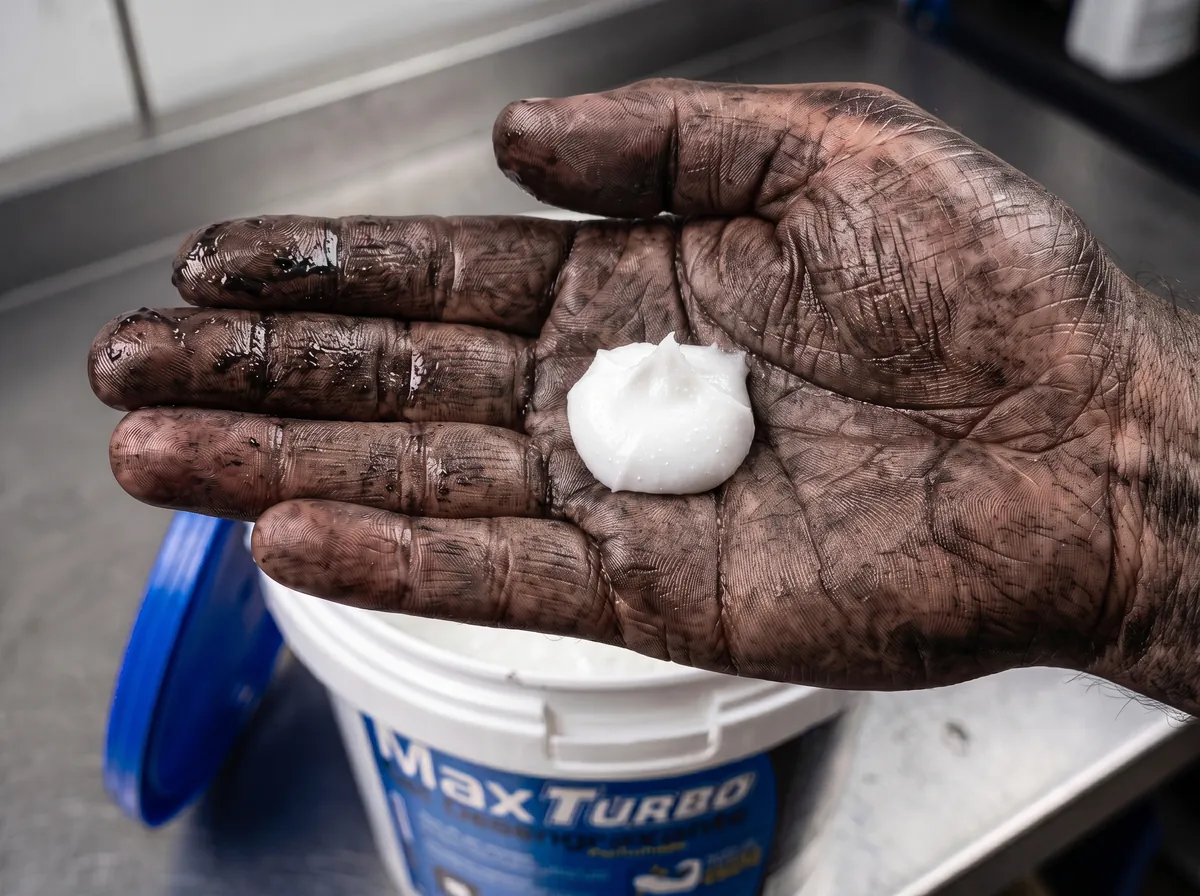 Gel desengraxante MaxTurbo firme com microesferas na mão suja de graxa