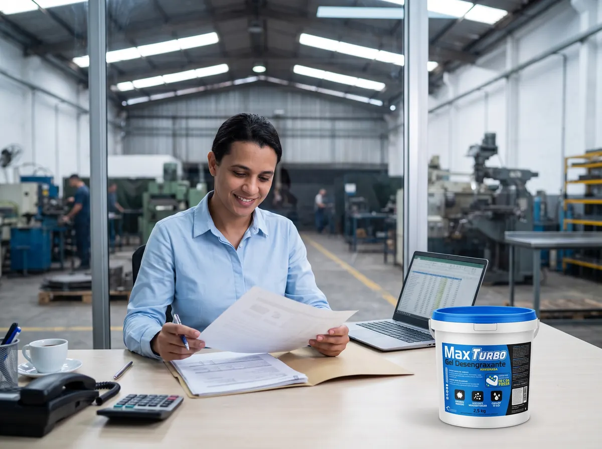 Compradora de metalúrgica analisando a FISPQ da pasta lava mãos MaxTurbo