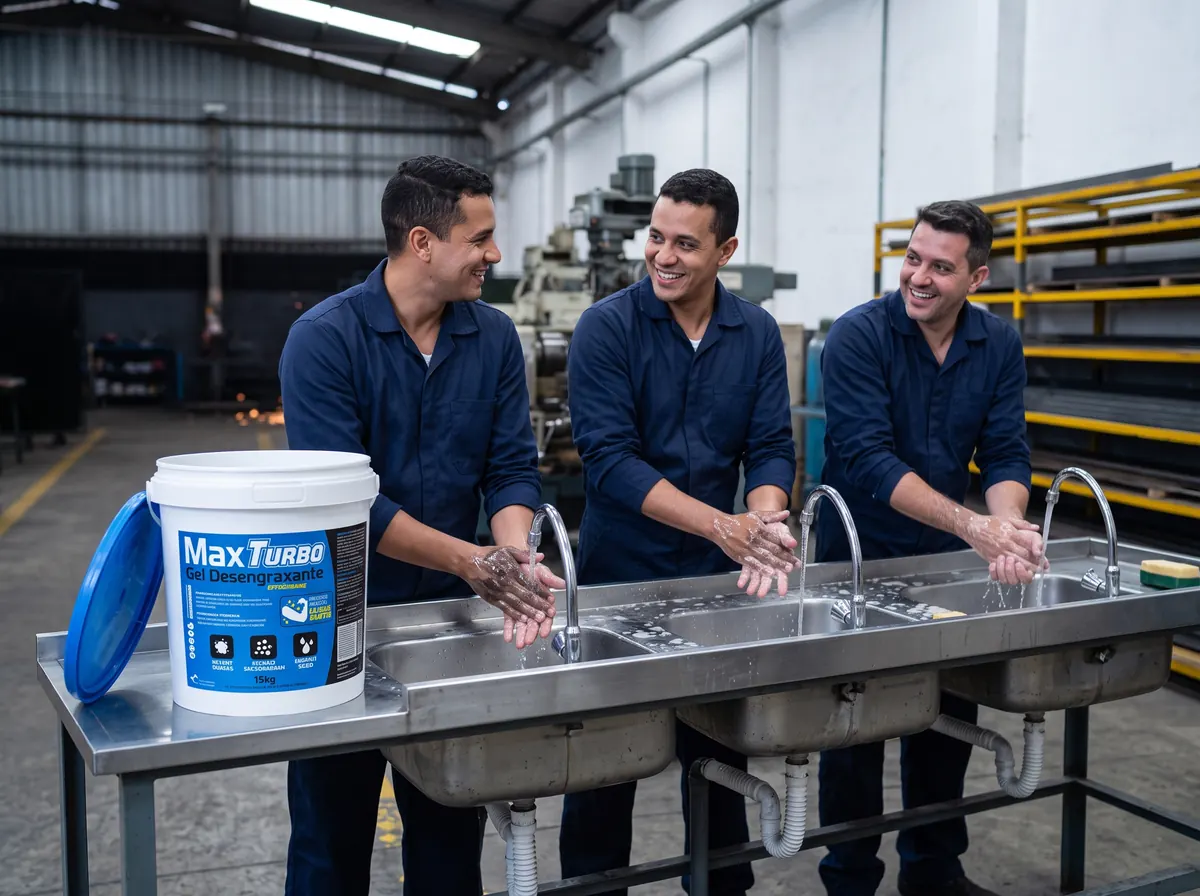 Funcionários de metalúrgica lavando as mãos com pasta desengraxante MaxTurbo na troca de turno